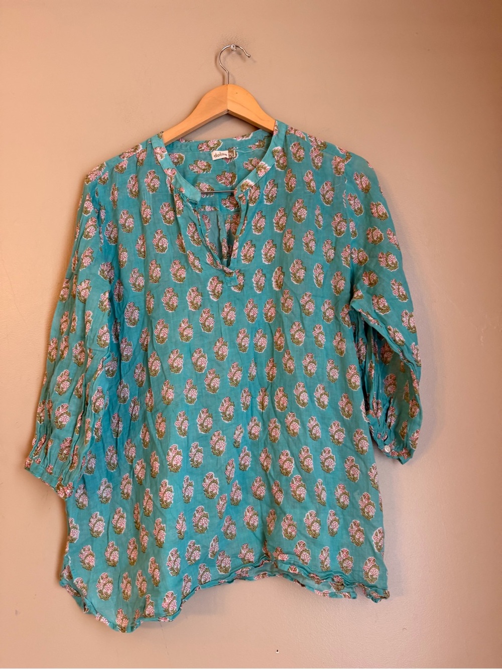 Dolma Floral Cotton Tunic Top XLarge Teal Boho Made in India Runs Small